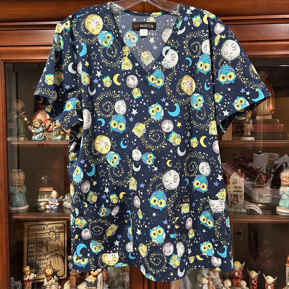 Colorful Owl and Moon Scrub Top